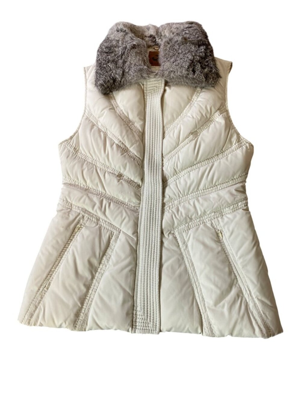 Tsunami White Quilted Vest Faux Fur Collar Small Down Fur Collar Zip Closure